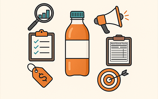 An illustration of various objects such as a bar chart, loupe, clipboard, price tag, orange bottle, megaphone, and a target for darts